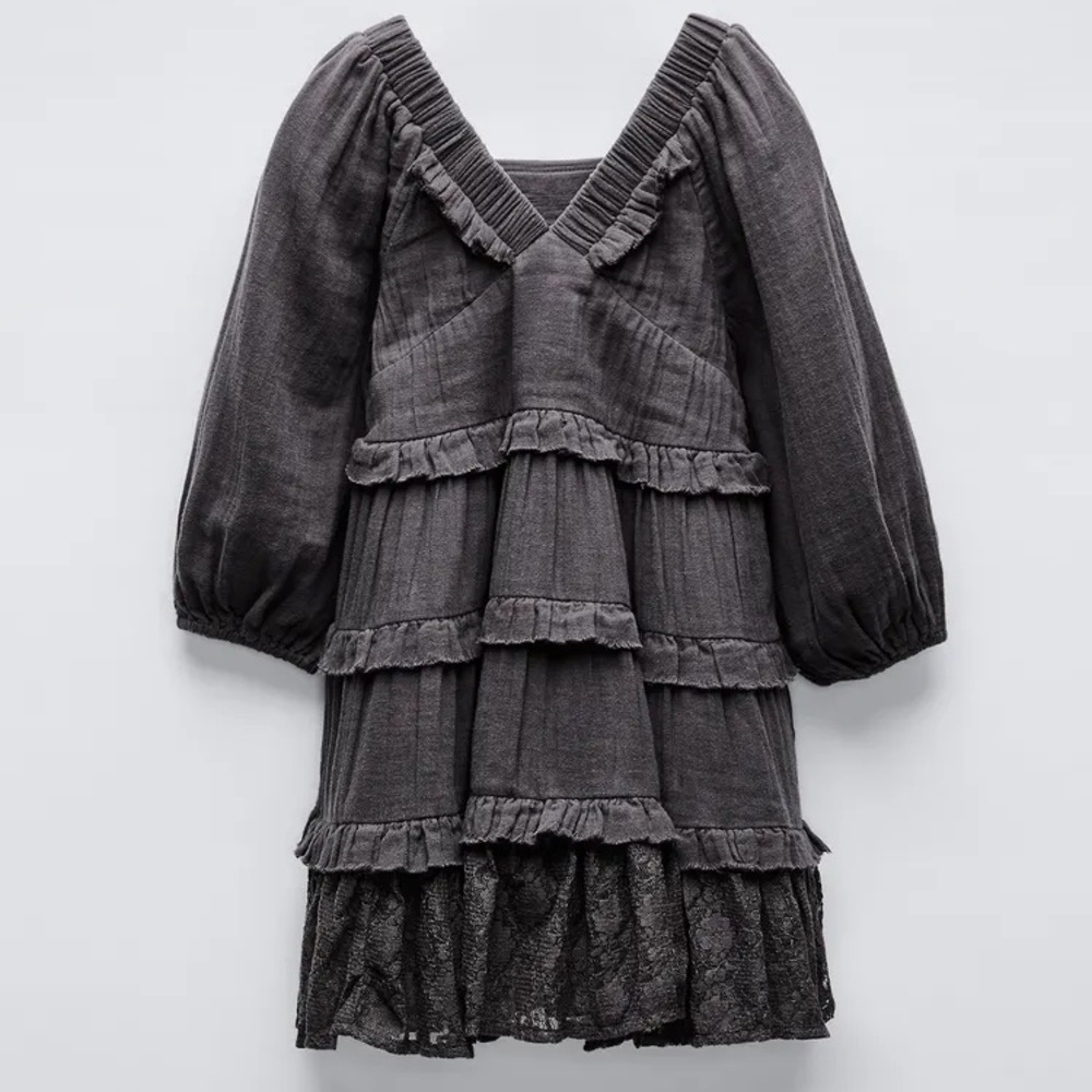🩶ZARA Kids Lace Panel Dress Gray Size 11–12 (152 cm) V-Neck Long Sleeve🩶